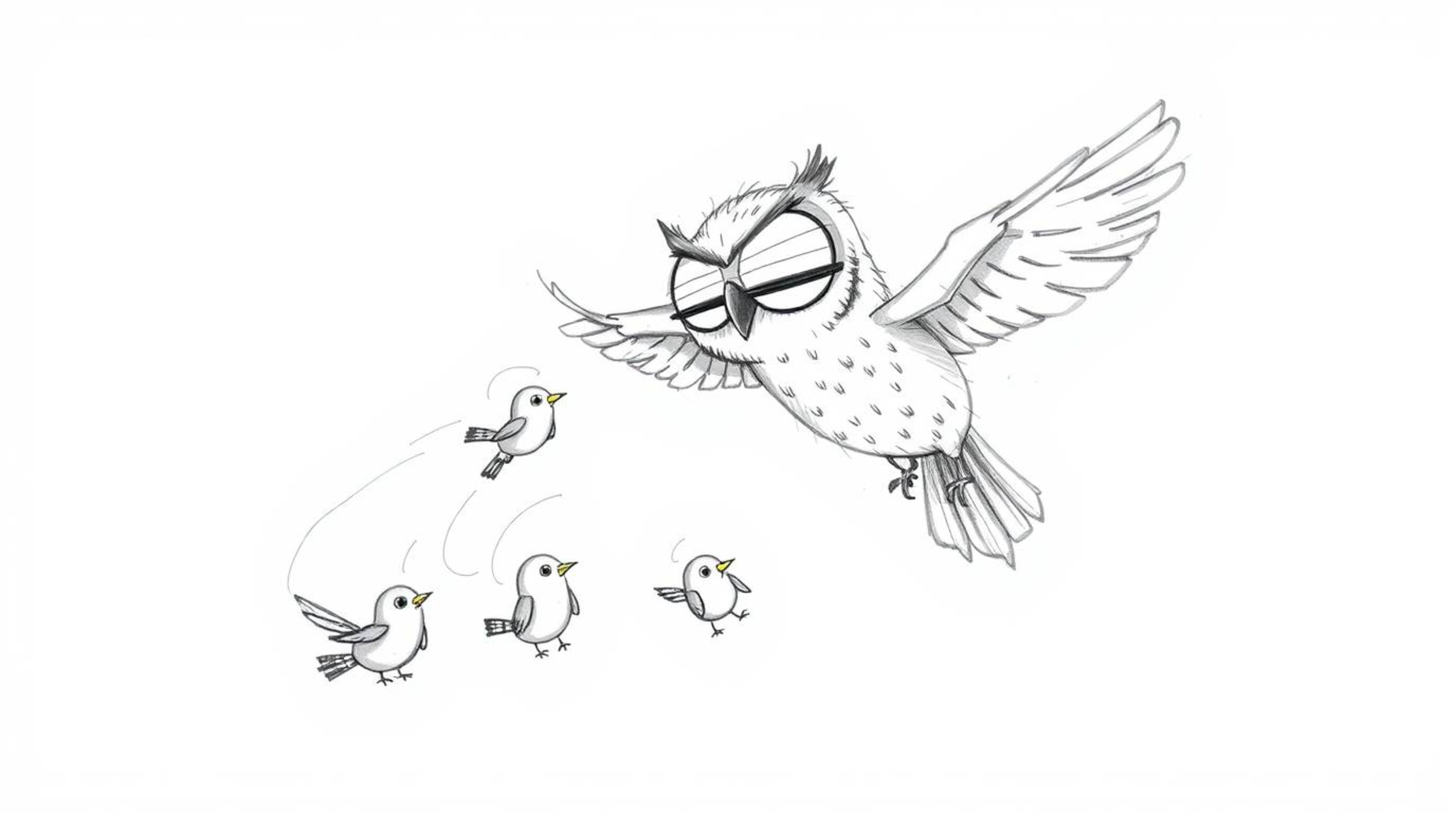 A charming hand-drawn sketch depicts a blind owl, reminiscent of Pixar animation, imparting flight lessons to several small b