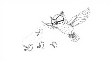 A charming hand-drawn sketch depicts a blind owl, reminiscent of Pixar animation, imparting flight lessons to several small b