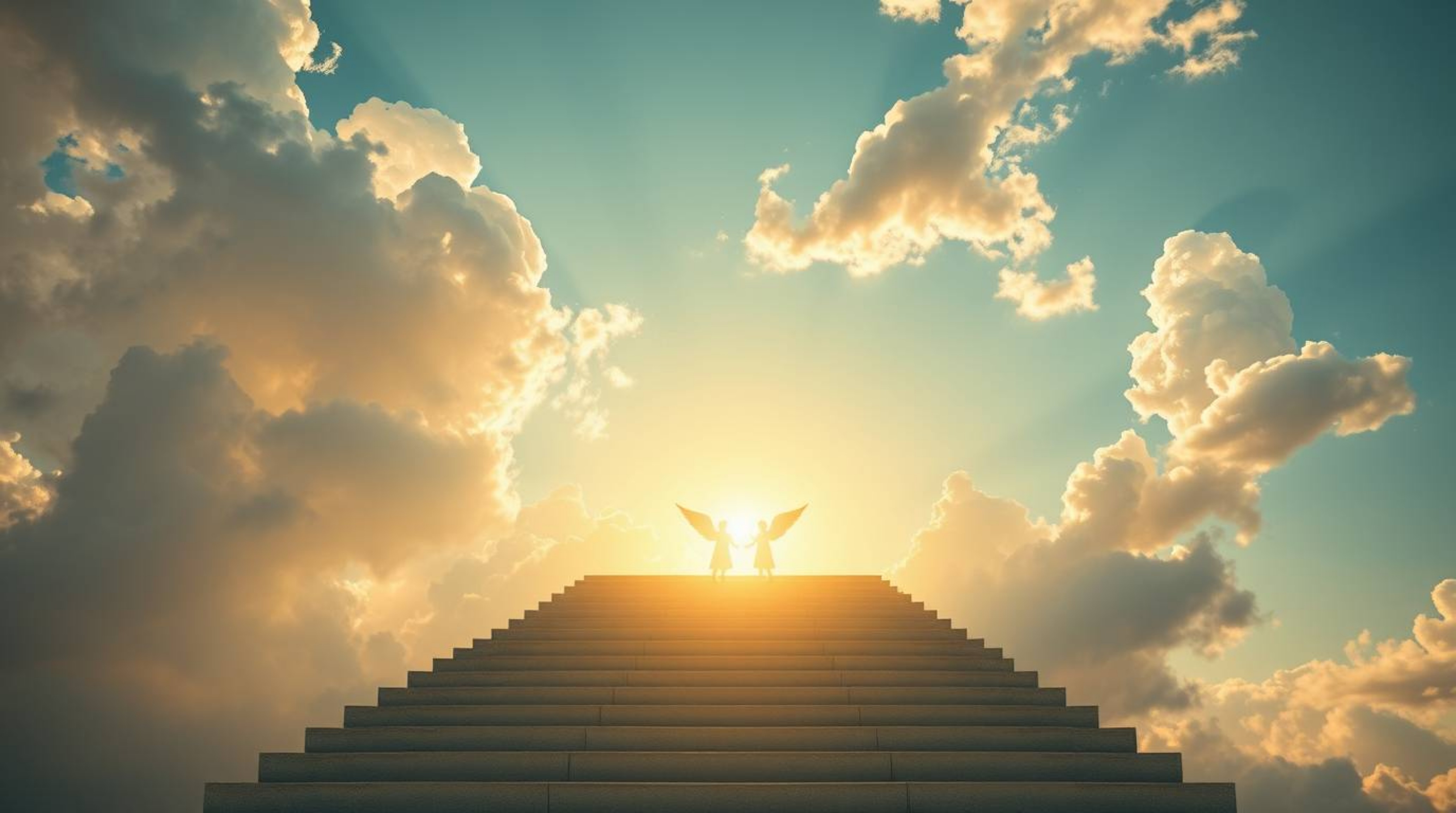 A vibrant and uplifting image depicting steps of light ascending into a cloudy sky, creating a dreamlike and peaceful scene. 