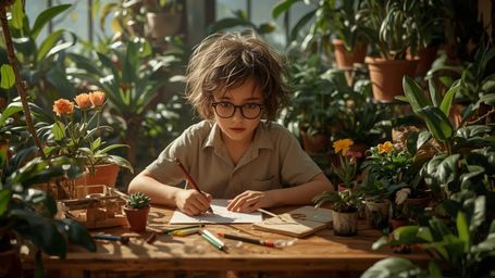 A highly detailed, high-resolution stock photo depicts a bright, messy-haired, and bespectacled young homeschooler, reminisce