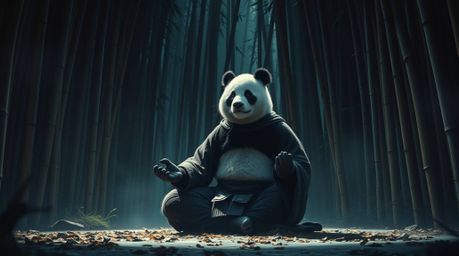 Immerse yourself in a captivating scene featuring a martial artist panda, deep in meditation within a serene bamboo forest. D