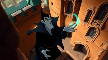 A classic Disney villain, rendered in warm terracotta and cool teal tones, casts a spell within the imposing walls of an old