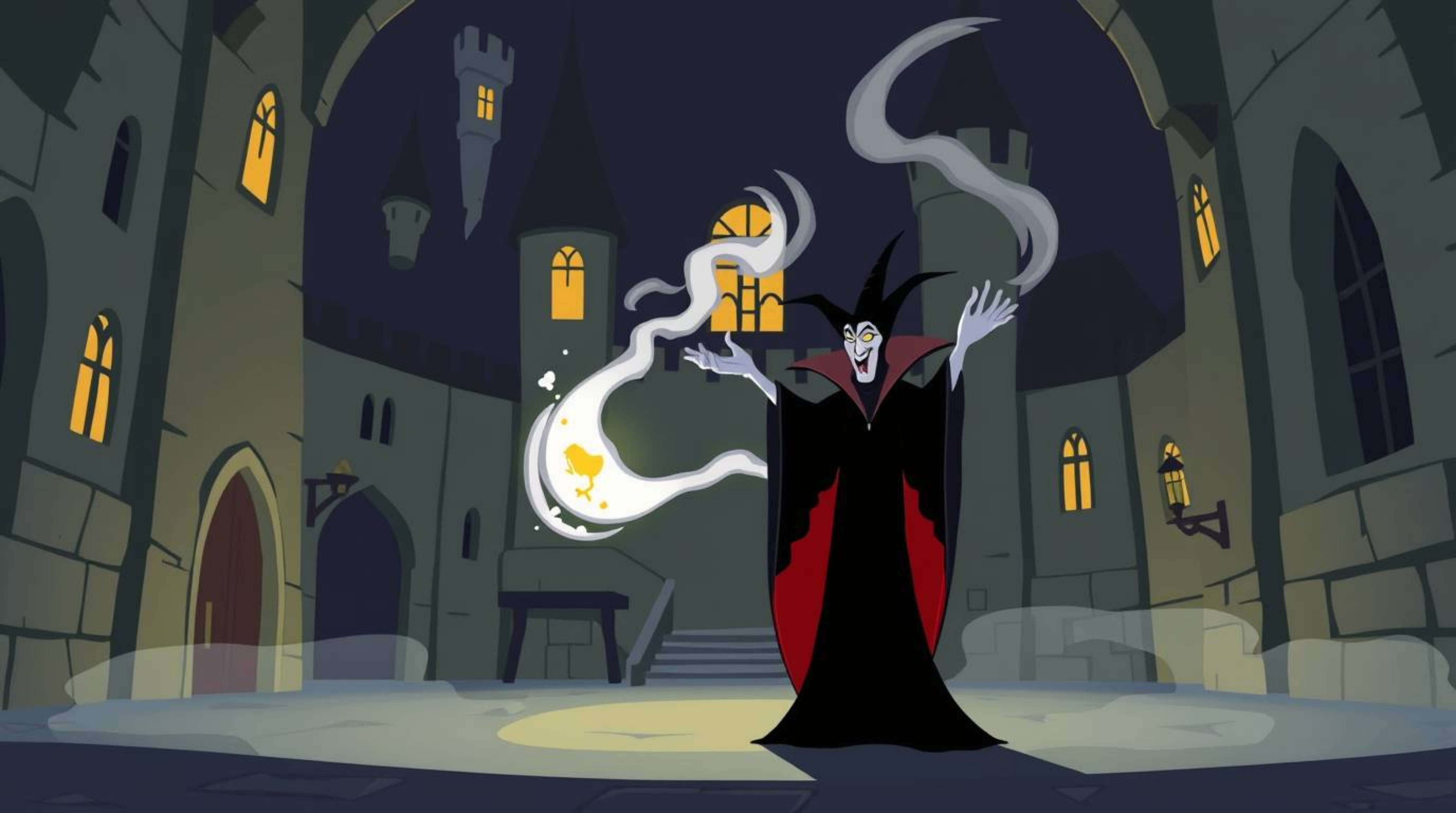 A classic Disney villain is depicted casting a spell within the simplified confines of an old castle. The artwork employs a m