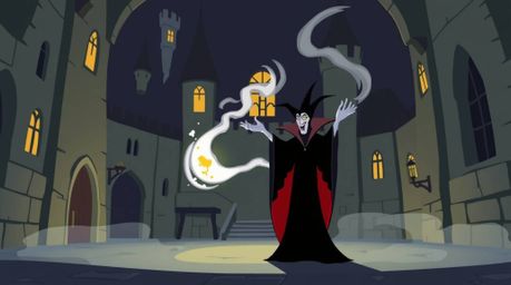 A classic Disney villain is depicted casting a spell within the simplified confines of an old castle. The artwork employs a m