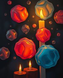 A moody painting featuring floating 3D blobs of fluid jelly illuminated by the soft glow of warm candlelight. The vibrant col