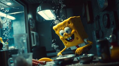 A captivating candid street photography style image depicts a sponge character engrossed in cooking within a vibrant underwat