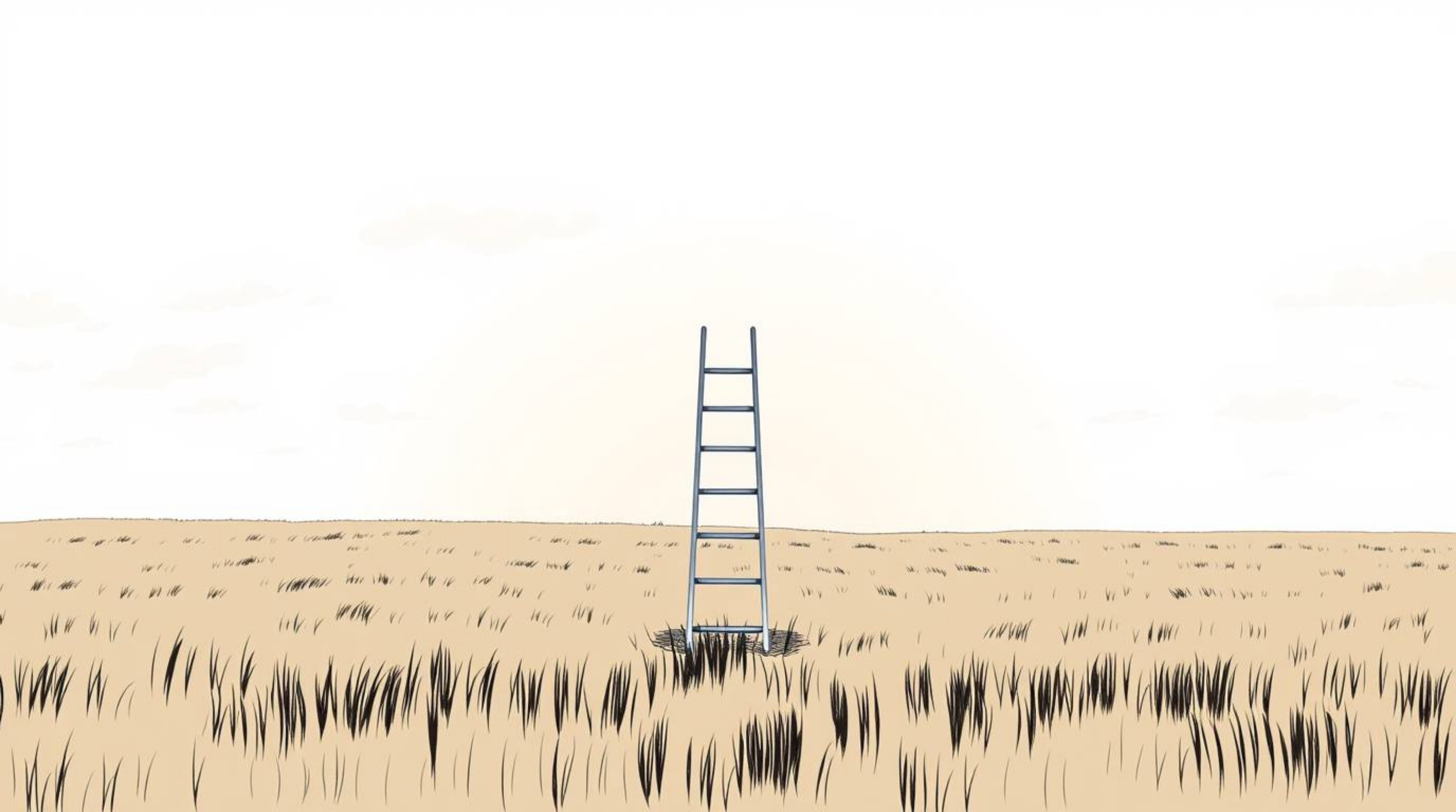 A minimalist scene featuring a silver ladder in an open field beneath a vast, cloudy sky, rendered in a hand-drawn color sket