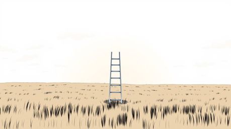 A minimalist scene featuring a silver ladder in an open field beneath a vast, cloudy sky, rendered in a hand-drawn color sket