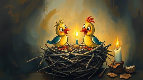 A captivating classic oil painting depicts two charming cartoon birds diligently constructing their nest. Rendered in a clas