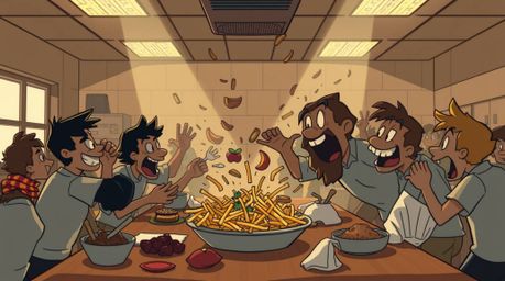 A high-contrast photograph capturing a wild food fight in a cartoon cafeteria setting.  Utilizing low-key lighting and natura