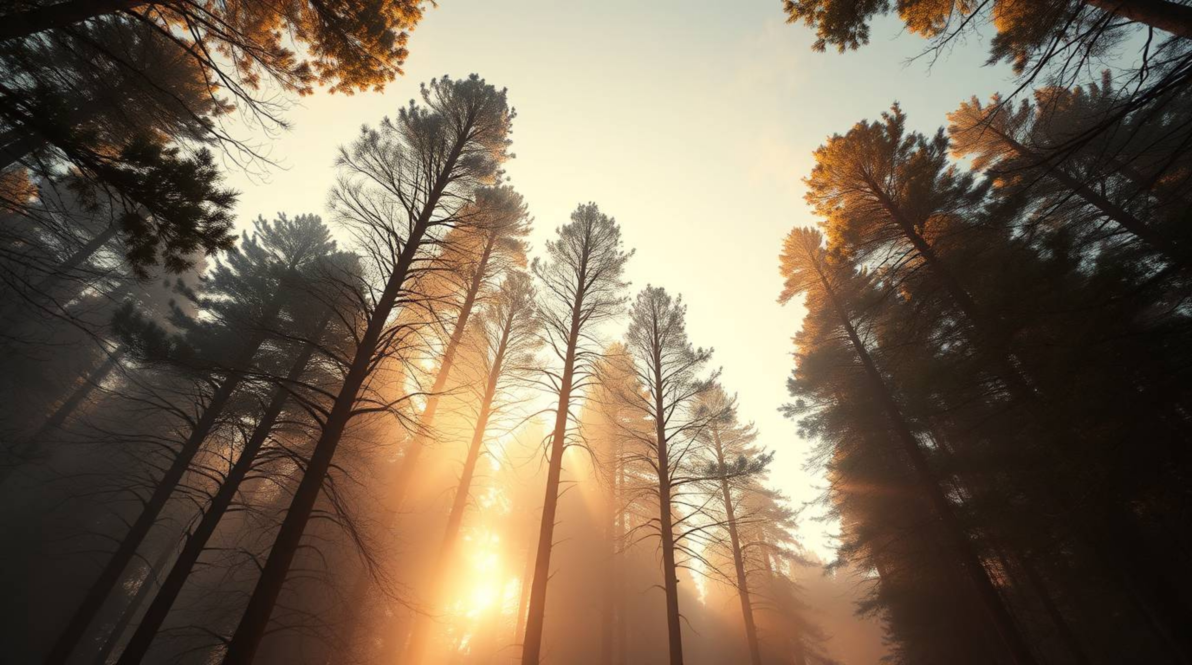 Experience a breathtaking low-angle perspective of a futuristic forest shrouded in mist at golden hour.  Advanced technology 