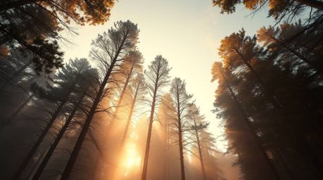 Experience a breathtaking low-angle perspective of a futuristic forest shrouded in mist at golden hour.  Advanced technology 