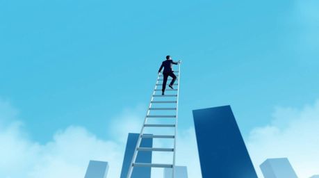 A modern, flat-designed illustration depicts a businessperson ascending a transparent ladder that disappears into a vibrant b