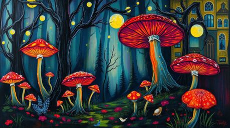 This captivating acrylic painting portrays a vintage-style enchanted forest, brought to life with glowing mushrooms and a vib