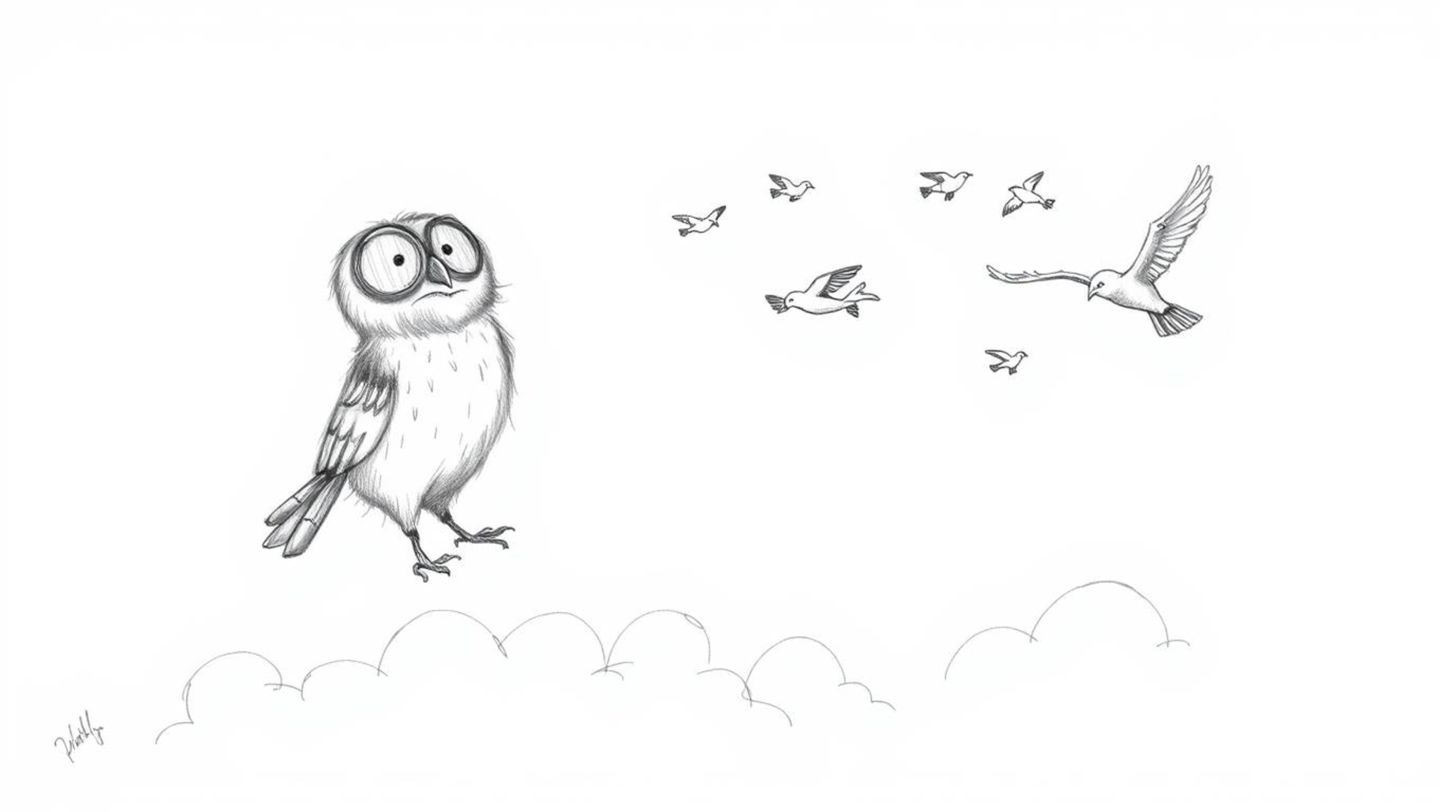 A charming hand-drawn sketch reminiscent of Pixar animation features a blind owl with soft, feathery details, proudly guiding