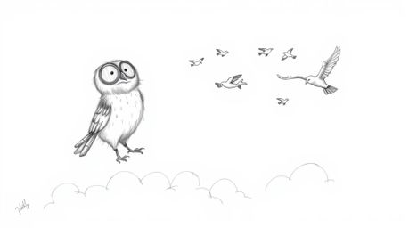A charming hand-drawn sketch reminiscent of Pixar animation features a blind owl with soft, feathery details, proudly guiding