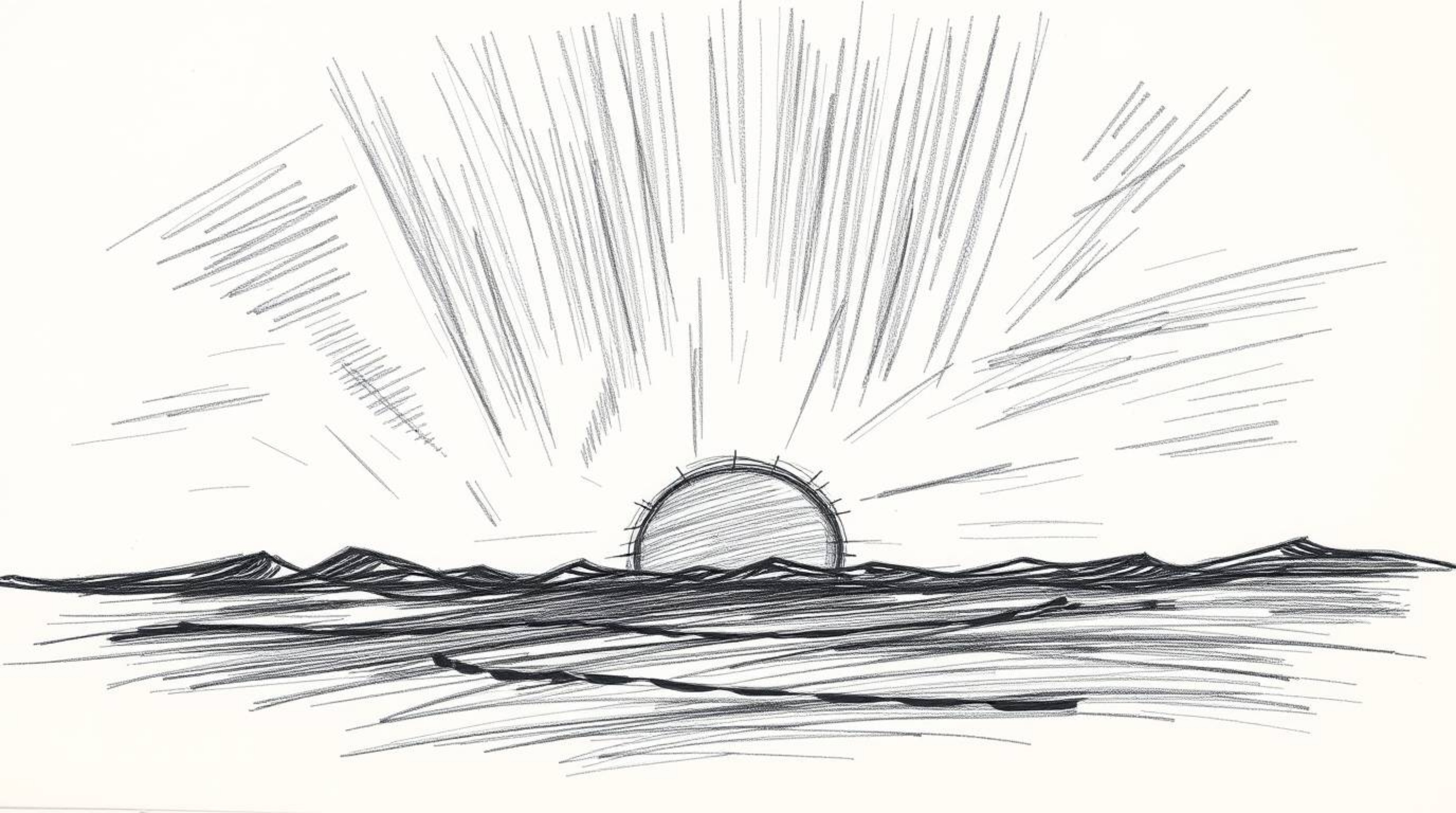 A dramatic, high-contrast hand-drawn sketch depicts the Northern Lights emerging over a vibrant sunset sky.  The artwork util