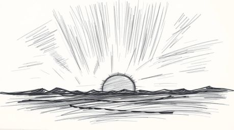 A dramatic, high-contrast hand-drawn sketch depicts the Northern Lights emerging over a vibrant sunset sky.  The artwork util