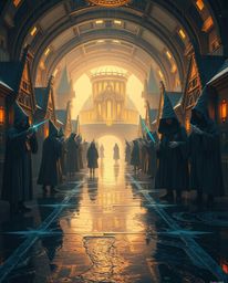 Explore a captivating magical school teeming with young wizards, rendered in a futuristic sci-fi style.  Imagine a warm golde