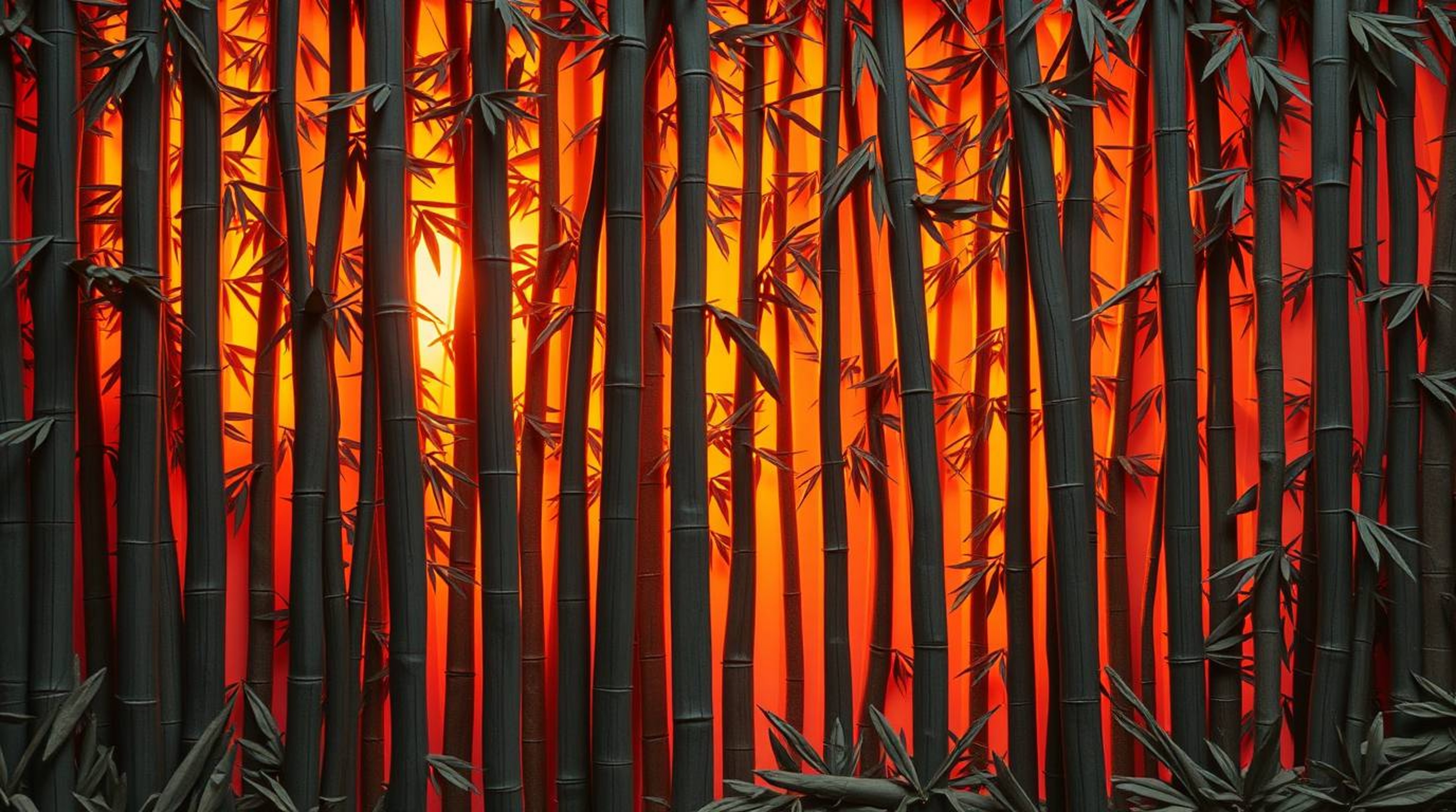 This sculpted papier-mâché artwork captures a breathtaking bamboo forest scene bathed in the warm glow of a setting sun. The