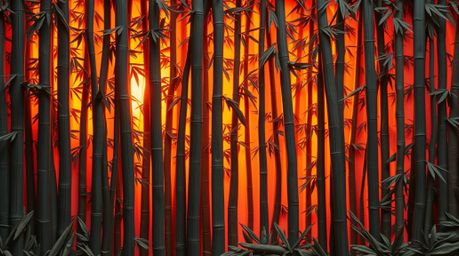 This sculpted papier-mâché artwork captures a breathtaking bamboo forest scene bathed in the warm glow of a setting sun. The 