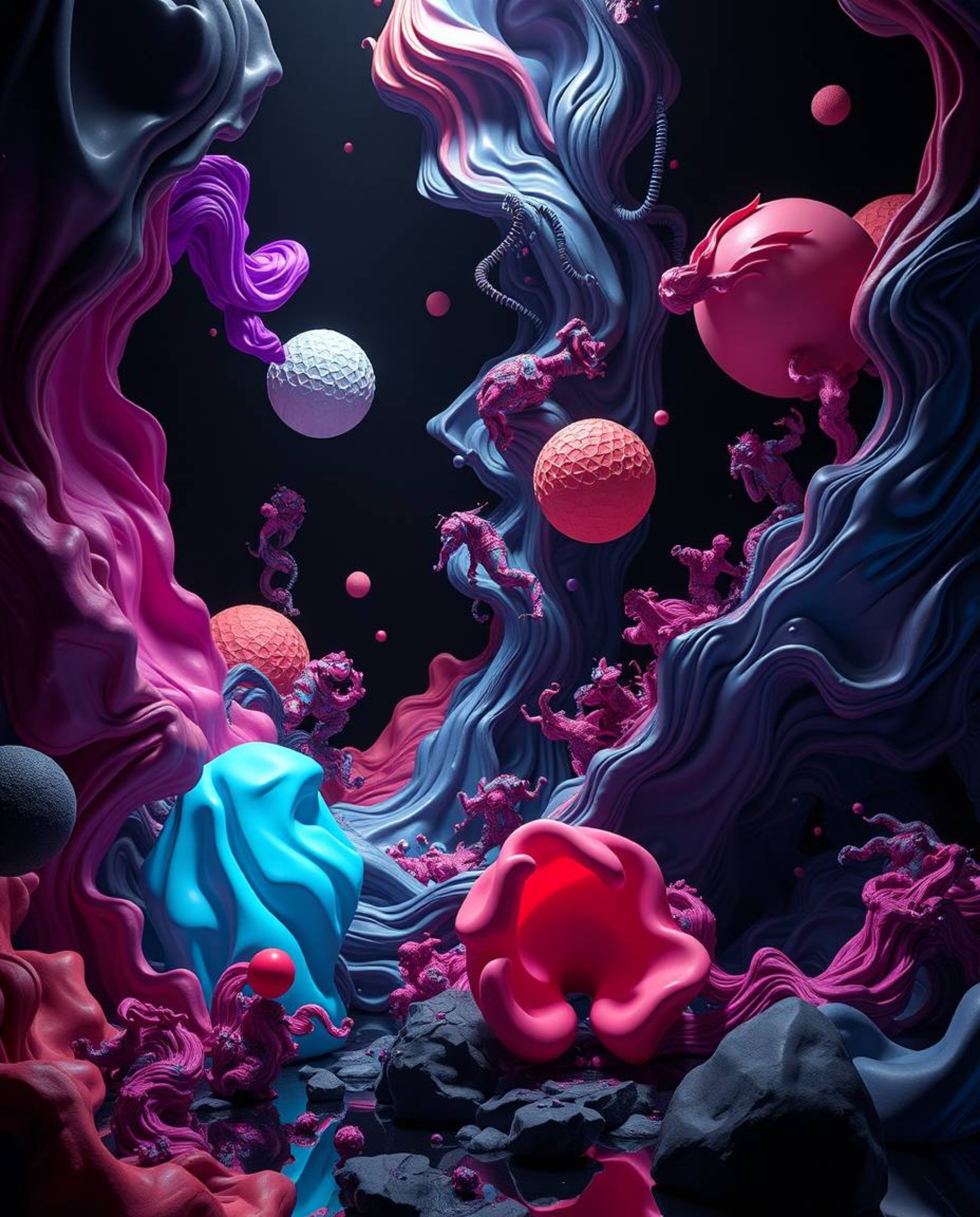 Explore a dreamlike surreal 3D render featuring intense blacks and vibrant colors. Fluid shapes playfully interact with geome