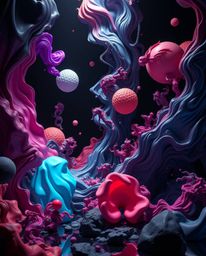 Explore a dreamlike surreal 3D render featuring intense blacks and vibrant colors. Fluid shapes playfully interact with geome