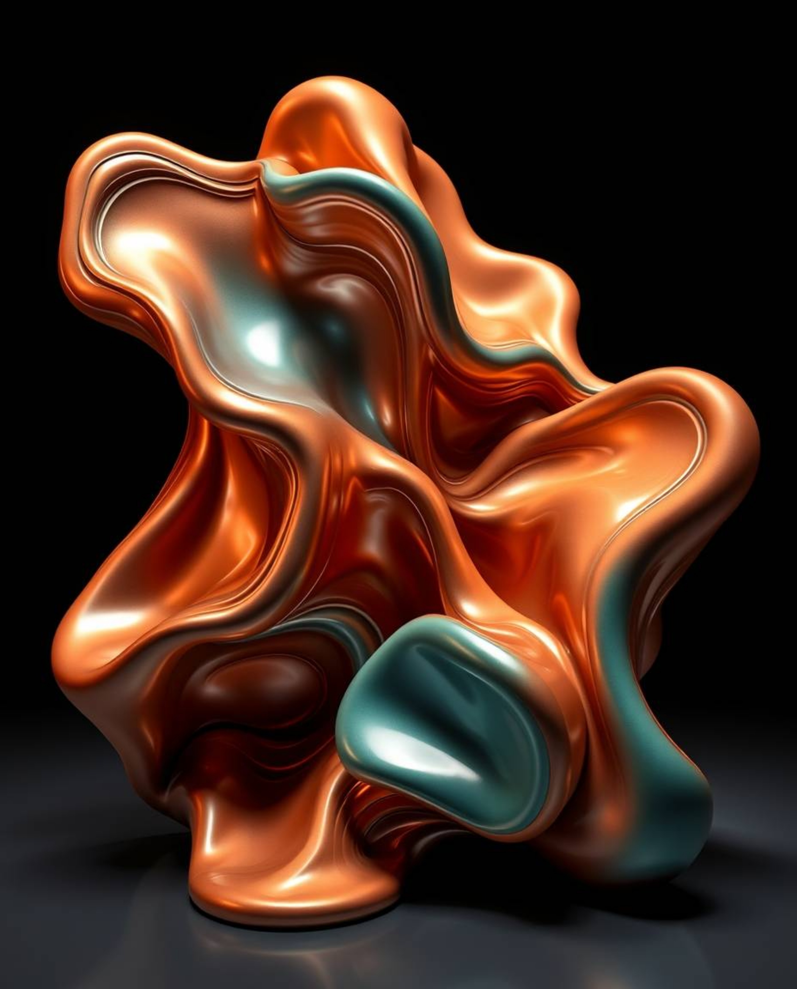 Explore captivating sculptural 3D fluid shapes crafted from mercury, boasting highly reflective surfaces.  Lit with high cont