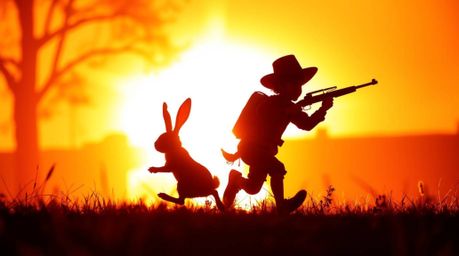 A silhouetted image showcases a wacky rabbit leading a hunter in a slapstick chase. Warm backlighting bathes the scene, casti