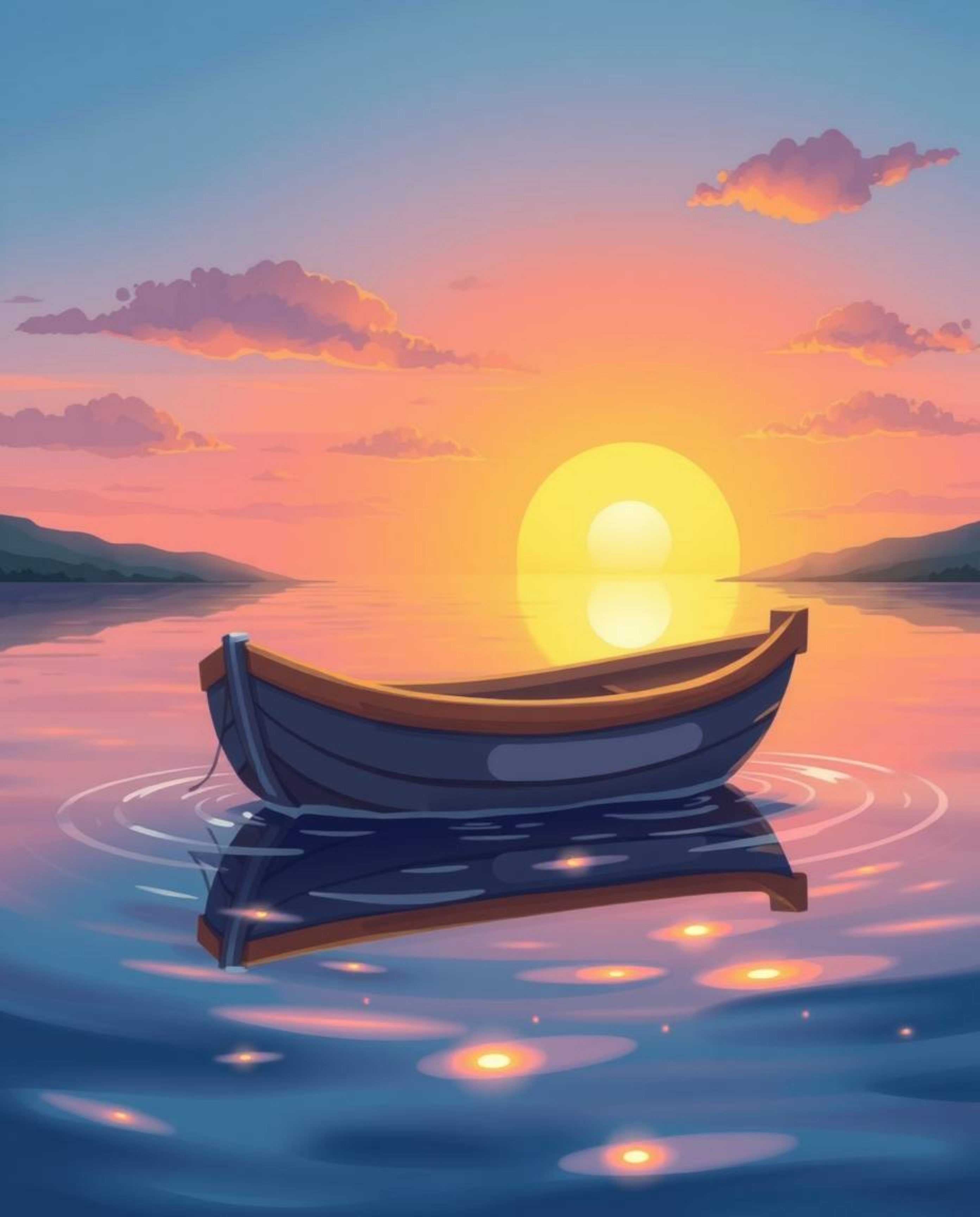 This is an adorable and charming illustration of a boat drifting on a lake at sunset. The artwork is characterized by its use