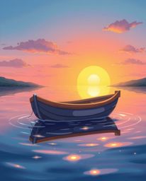 This is an adorable and charming illustration of a boat drifting on a lake at sunset. The artwork is characterized by its use