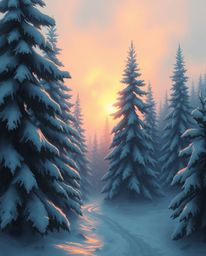 A digital painting captures the mesmerizing scene of sunset light sparkling on snowy pine trees. This artwork creates a compe