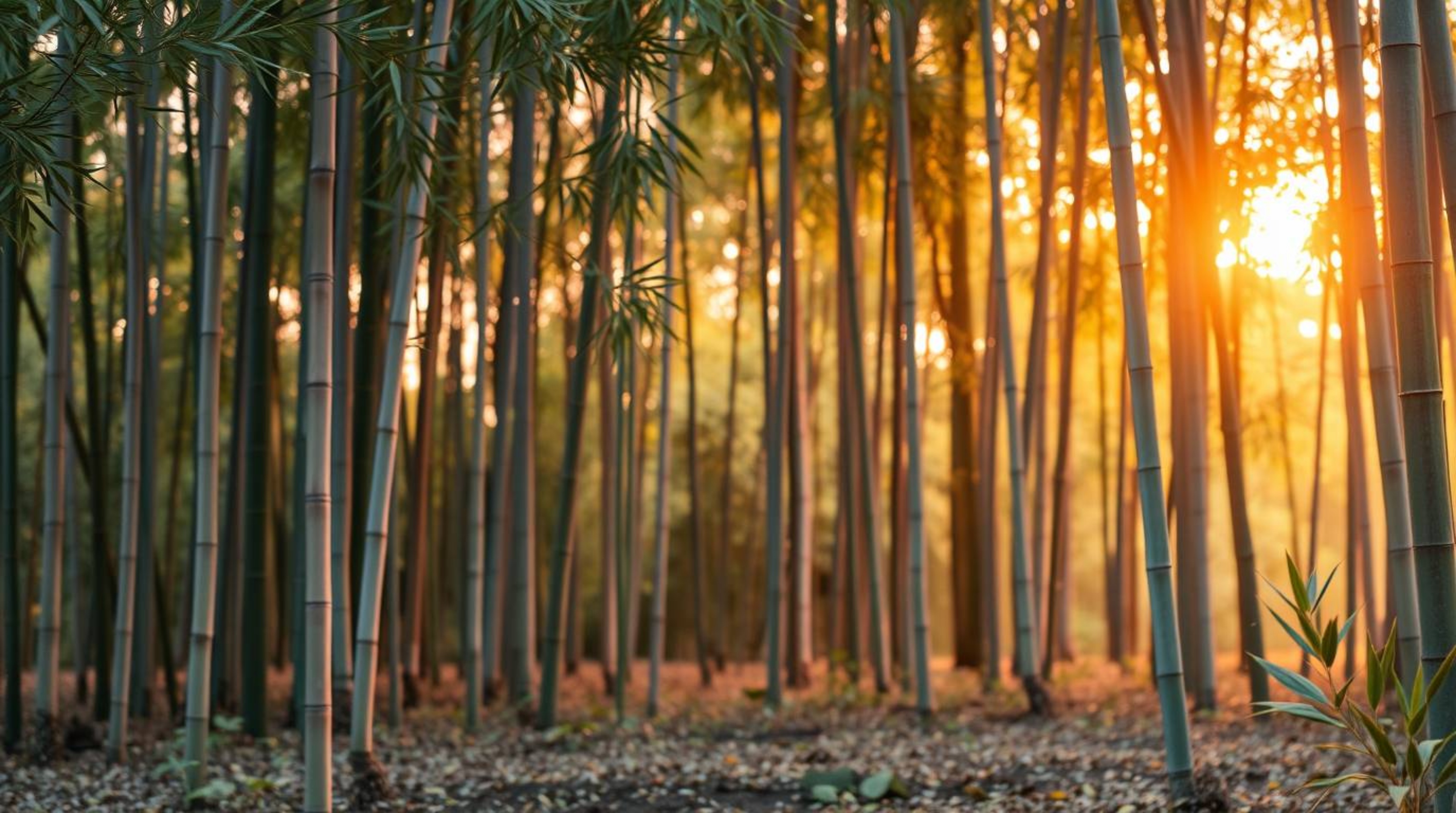 Experience the serene beauty of a bamboo forest bathed in the warm glow of a sunset.  Soft pastel colors create a gentle, soo