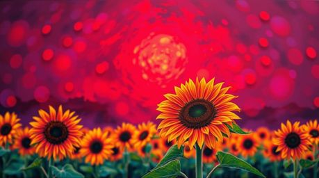 A stunning bold acrylic painting depicts a vibrant sunflower field bathed in the warm glow of a deep red and purple sunset.  
