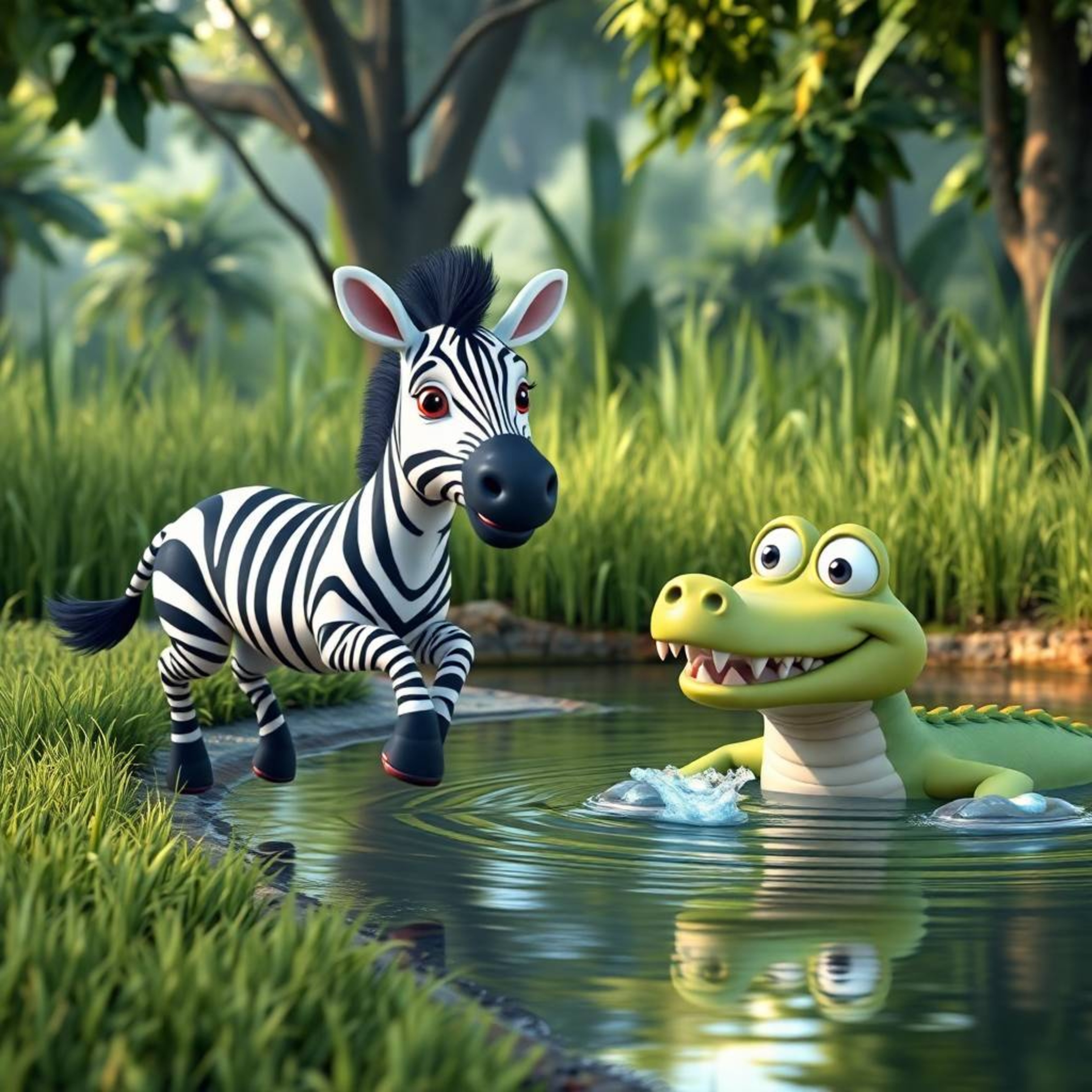 A vibrant scene featuring a 3D cartoon zebra with expressive eyes and a welcoming smile leaping from a lush, grassy jungle cl
