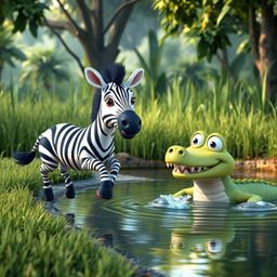 A vibrant scene featuring a 3D cartoon zebra with expressive eyes and a welcoming smile leaping from a lush, grassy jungle cl