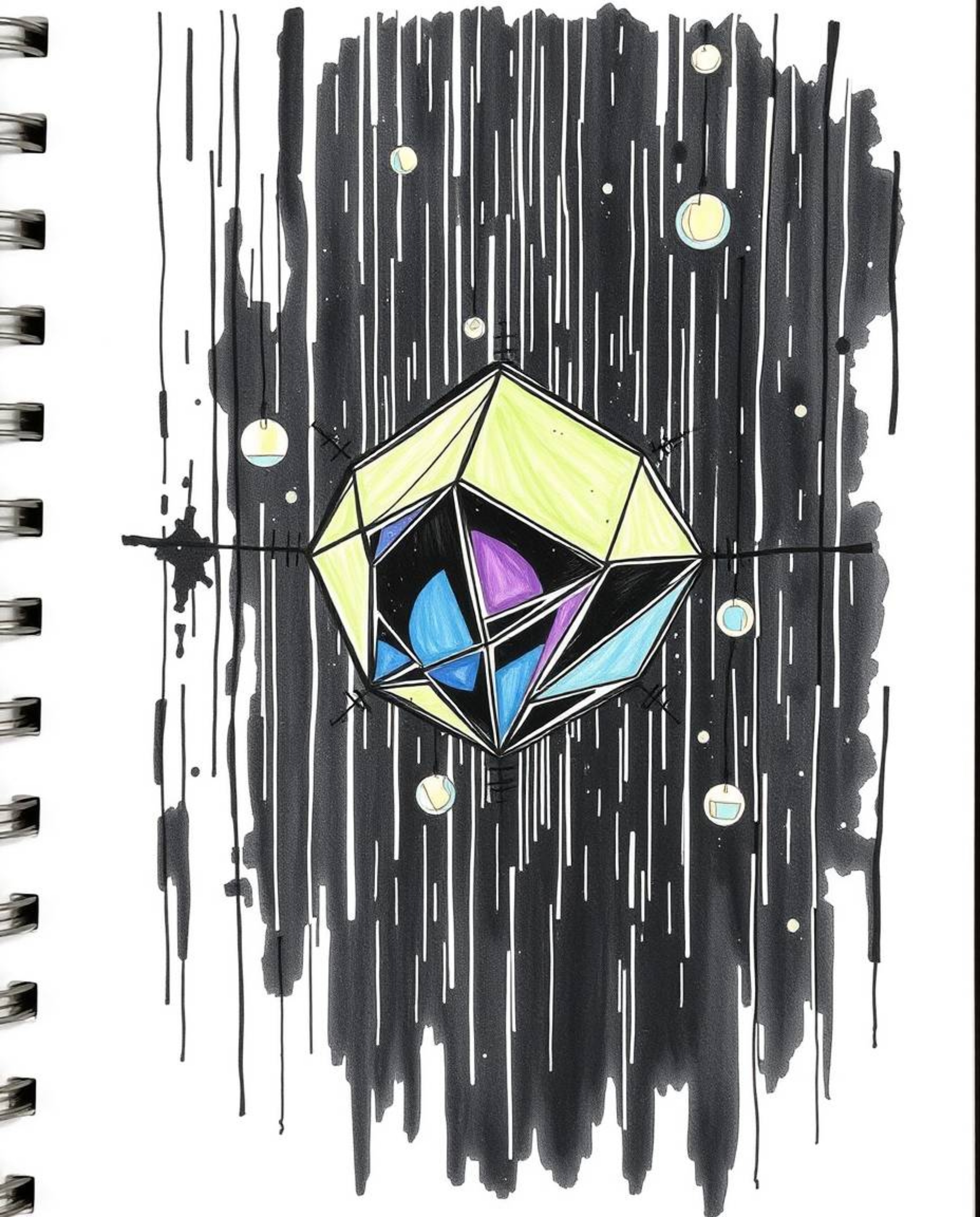 A captivating hand-drawn sketchnote depicts glitched geometric shapes floating within a cyberspace matrix. Rendered in intens