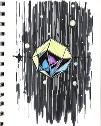 A captivating hand-drawn sketchnote depicts glitched geometric shapes floating within a cyberspace matrix. Rendered in intens