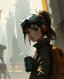 A dynamic digital sketch depicting a young inventor girl in a futuristic city, rendered with loose painterly strokes and a Pi