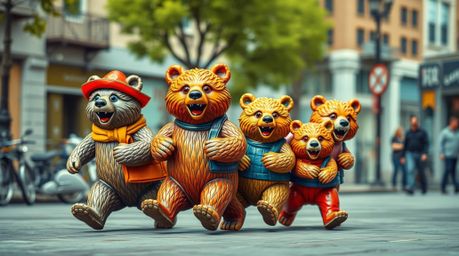 This artwork depicts a bear family embarking on a lively urban adventure, rendered in vibrant and eye-catching colors. The sc