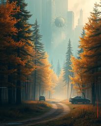 A digital painting depicting a modern, futuristic scene within a natural forest.  The image features an epic scale, a strikin