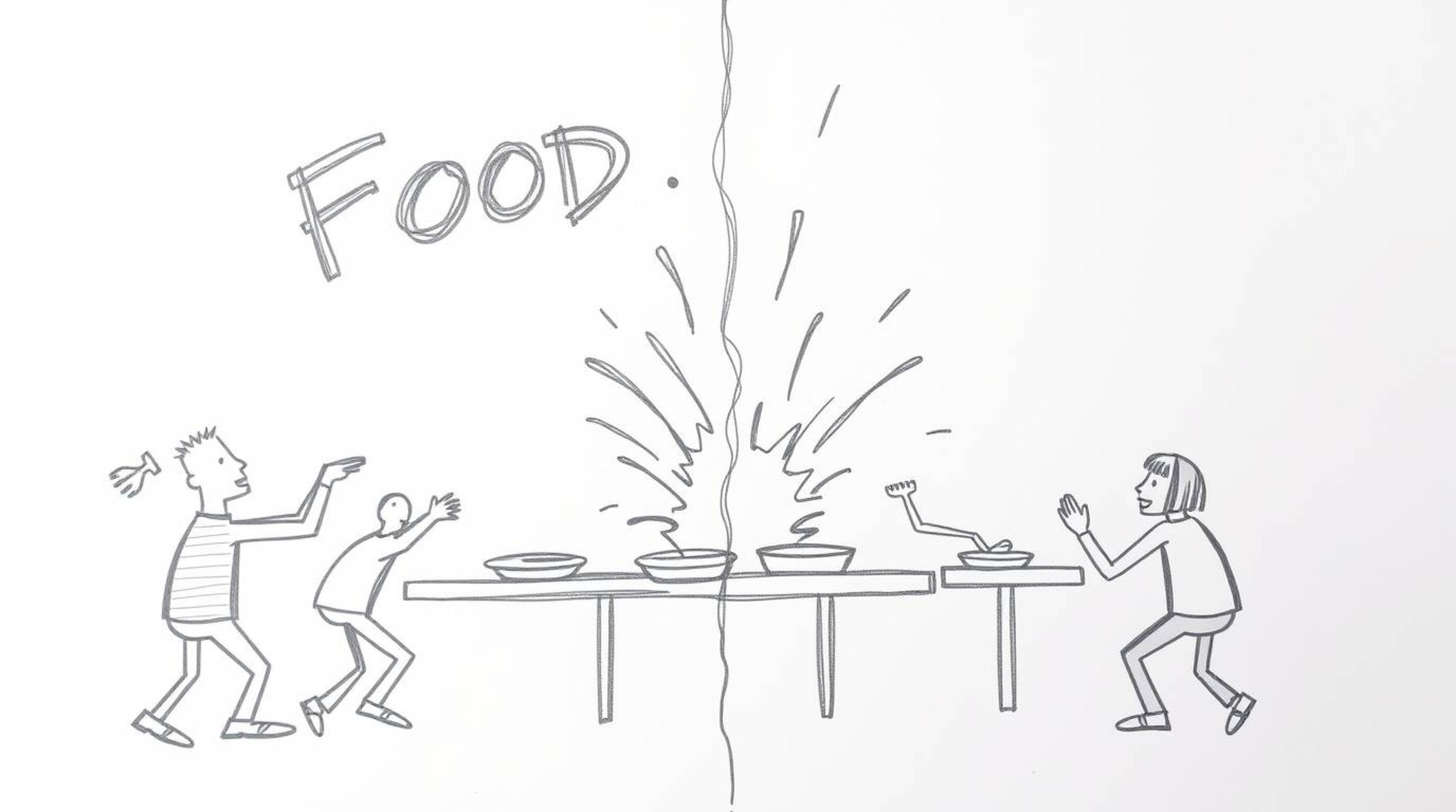 A vibrant, hand-drawn sketch captures the chaotic energy of a cartoon cafeteria food fight. Distinctly divided into two secti