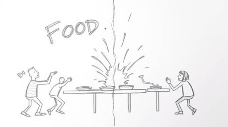 A vibrant, hand-drawn sketch captures the chaotic energy of a cartoon cafeteria food fight. Distinctly divided into two secti