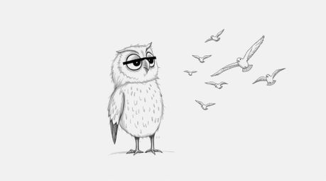 A heartwarming, Pixar-inspired sketch depicts a blind owl with soft, textured feathers, guiding a flock of birds as they lear