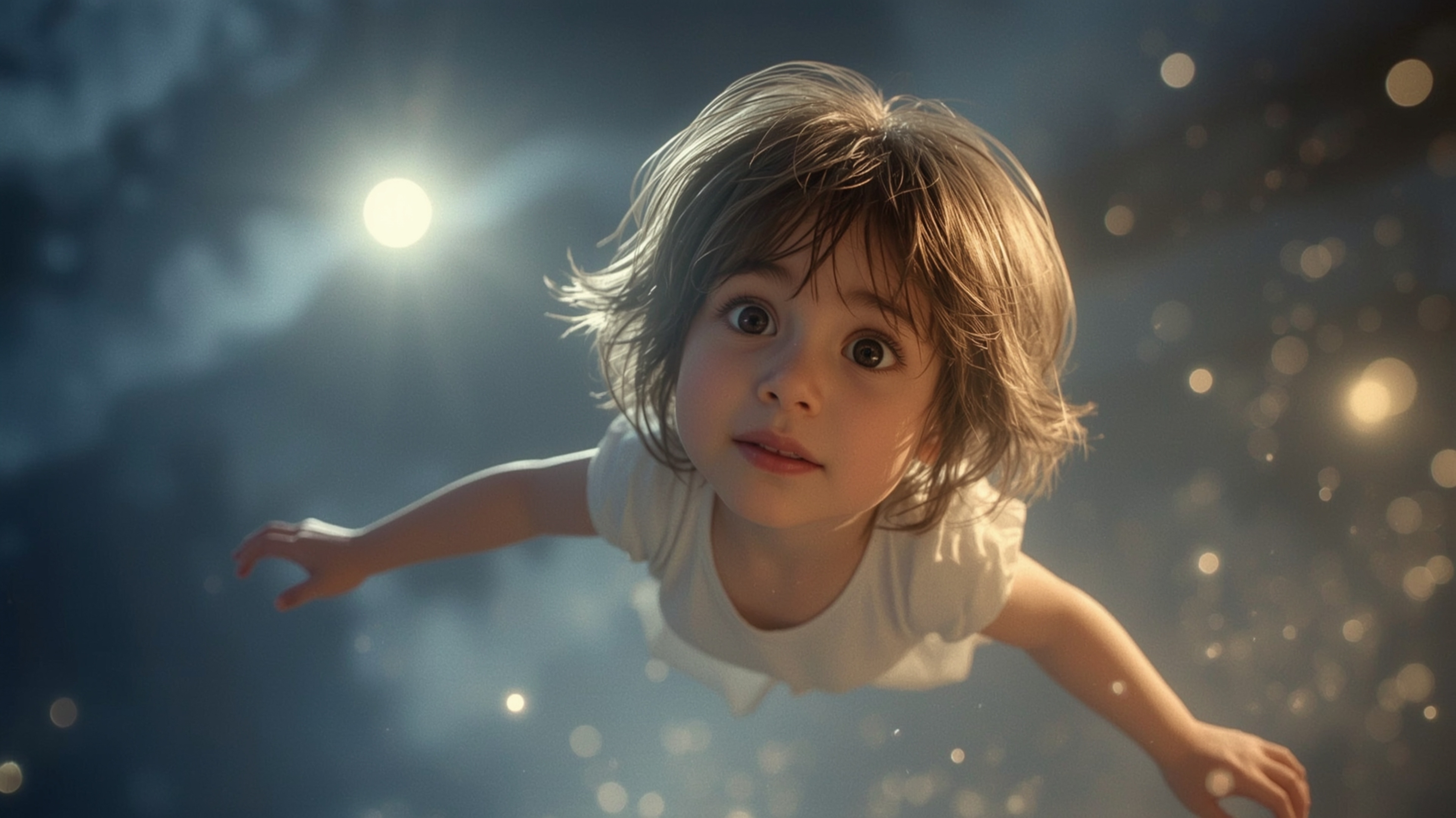 Step into a serene and captivating world with this cinematic photograph, rendered in the enchanting style of Pixar. A young c