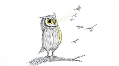 A captivating hand-drawn sketch in the style of Pixar depicts a blind owl with luminous feathers, bathed in a sunbeam, guidin