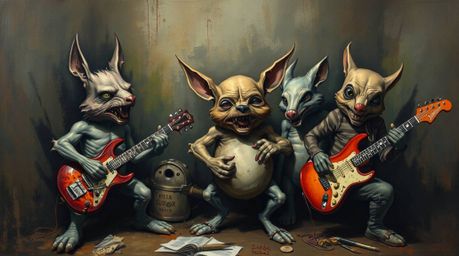 A captivating oil painting showcases a band of cartoon animals rocking out in a hauntingly eerie atmosphere.  The piece is ri
