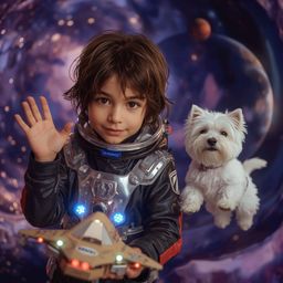 Experience a whimsical scene of high fashion photography in a Pixar-esque style. A boy with bright, curious eyes and messy br