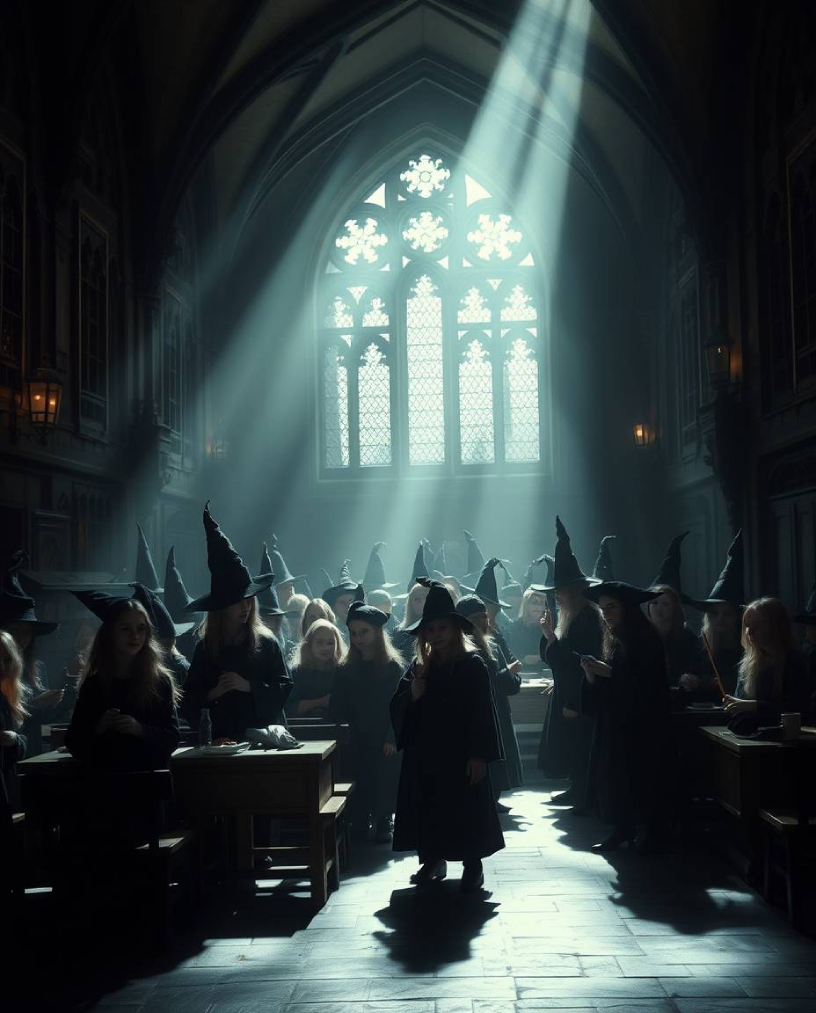Immerse yourself in a magical school brimming with young wizards, bathed in a soft, dreamy atmosphere.  Experience the strong