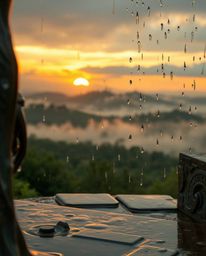 A cast bronze sculpture depicting a wet, rainy scene of a Tuscan sunset over misty hills, showing drizzling rain, reflective 